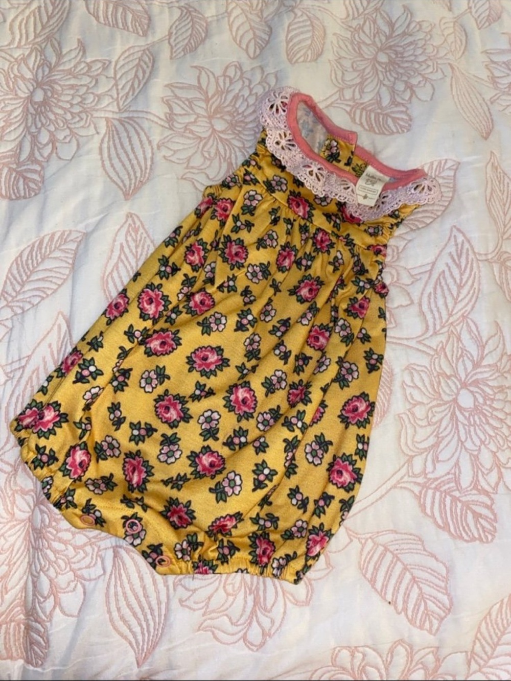 Matilda Jane baby romper size 3-6 mYellow Floral Baby Romper with Pink Lace Trim